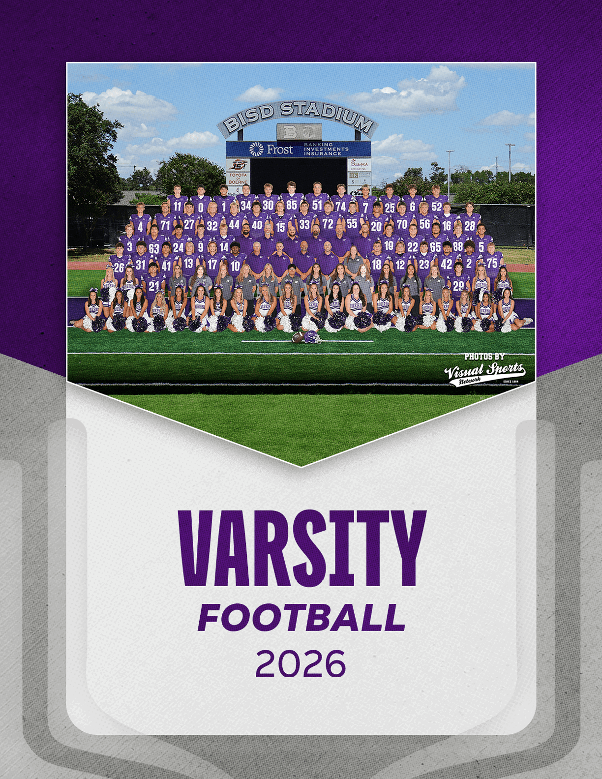 A large group of people wearing purple sports uniforms and cheerleading outfits pose together on a football field in front of a scoreboard with the text “Varsity Football 2026" below the photo. Description generated by AI