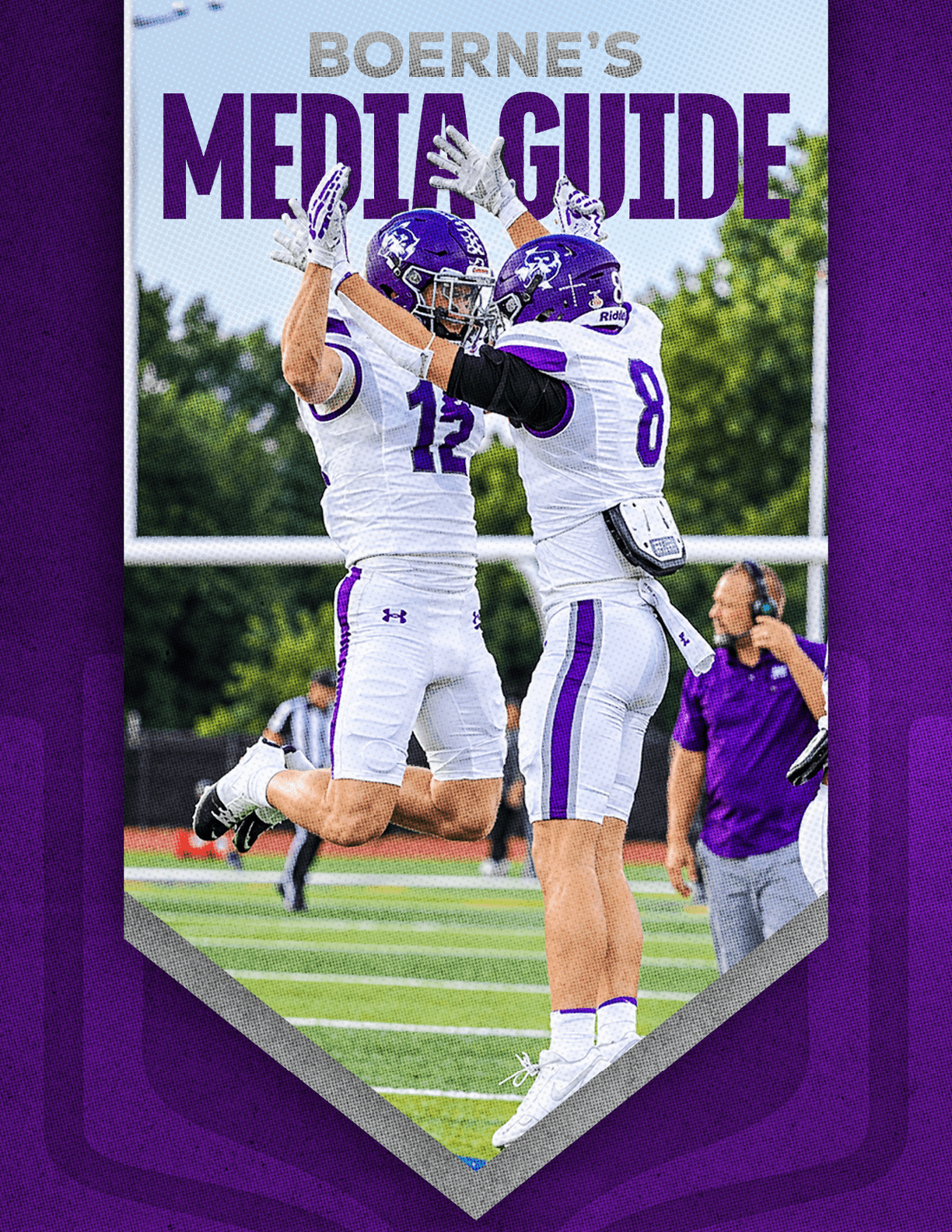 People in purple football uniforms run onto a field carrying flags with smoke behind them under the text “Boerne's Media Guide." Description generated by AI