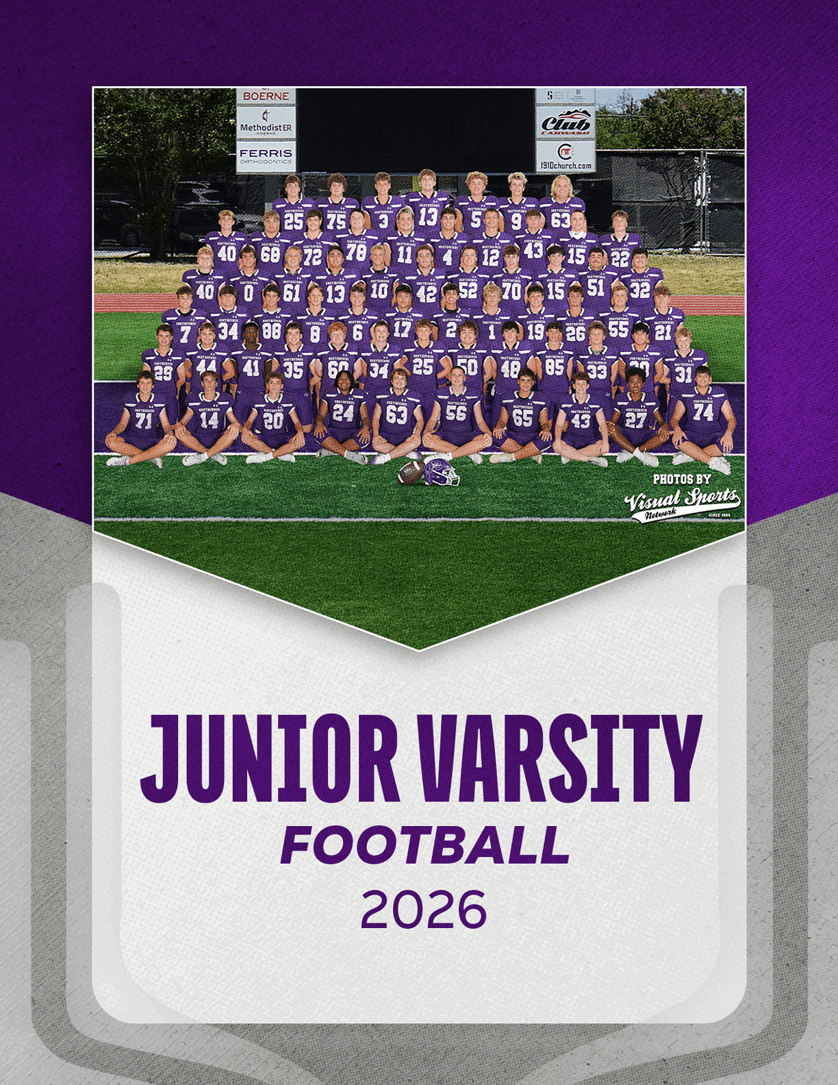 A large group of people wearing purple football uniforms pose for a team photo on a football field with the text Junior Varsity Football 2026 below. Description generated by AI