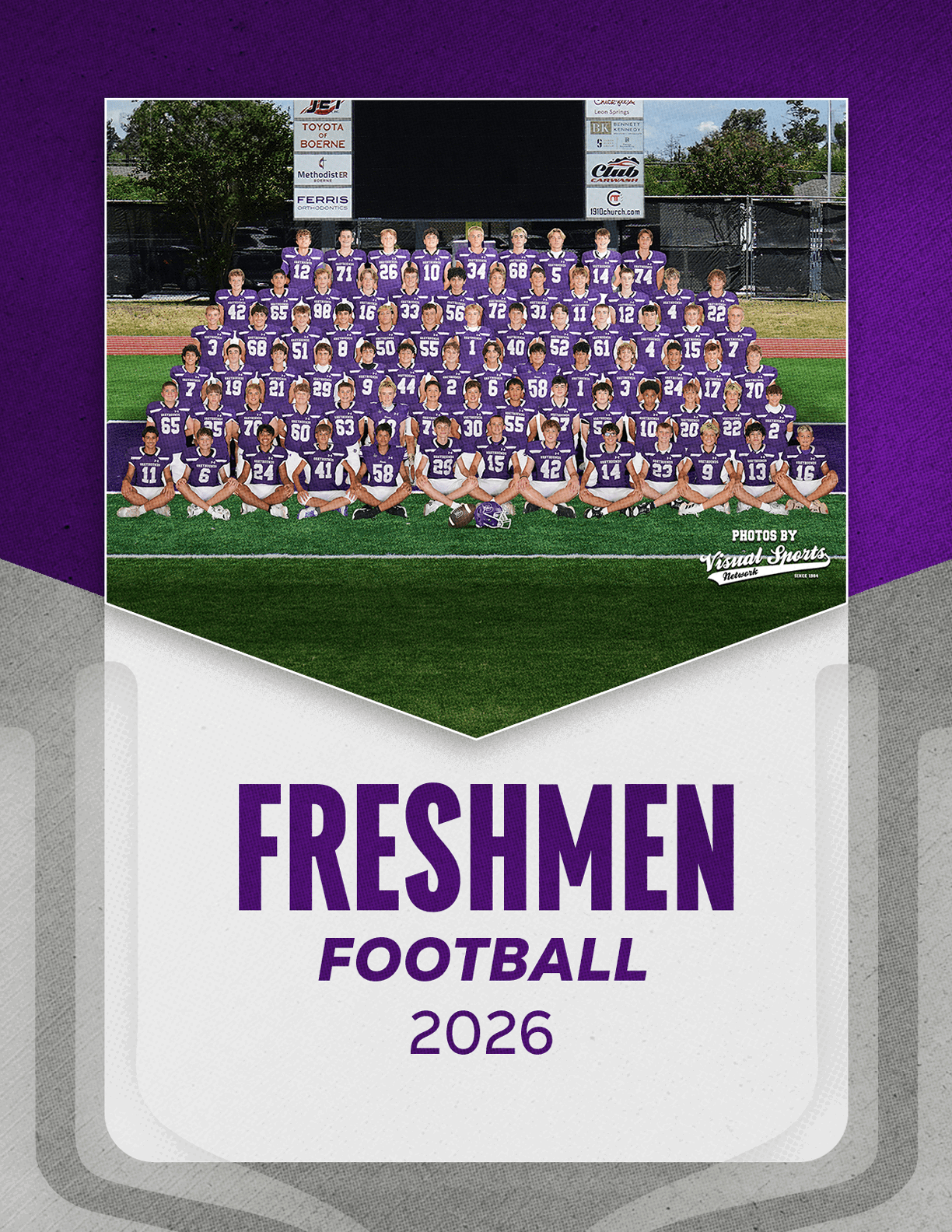 A large group of people wearing purple football uniforms is posed on a football field with a scoreboard in the background and the text Freshmen Football 2026 below the photo. Description generated by AI