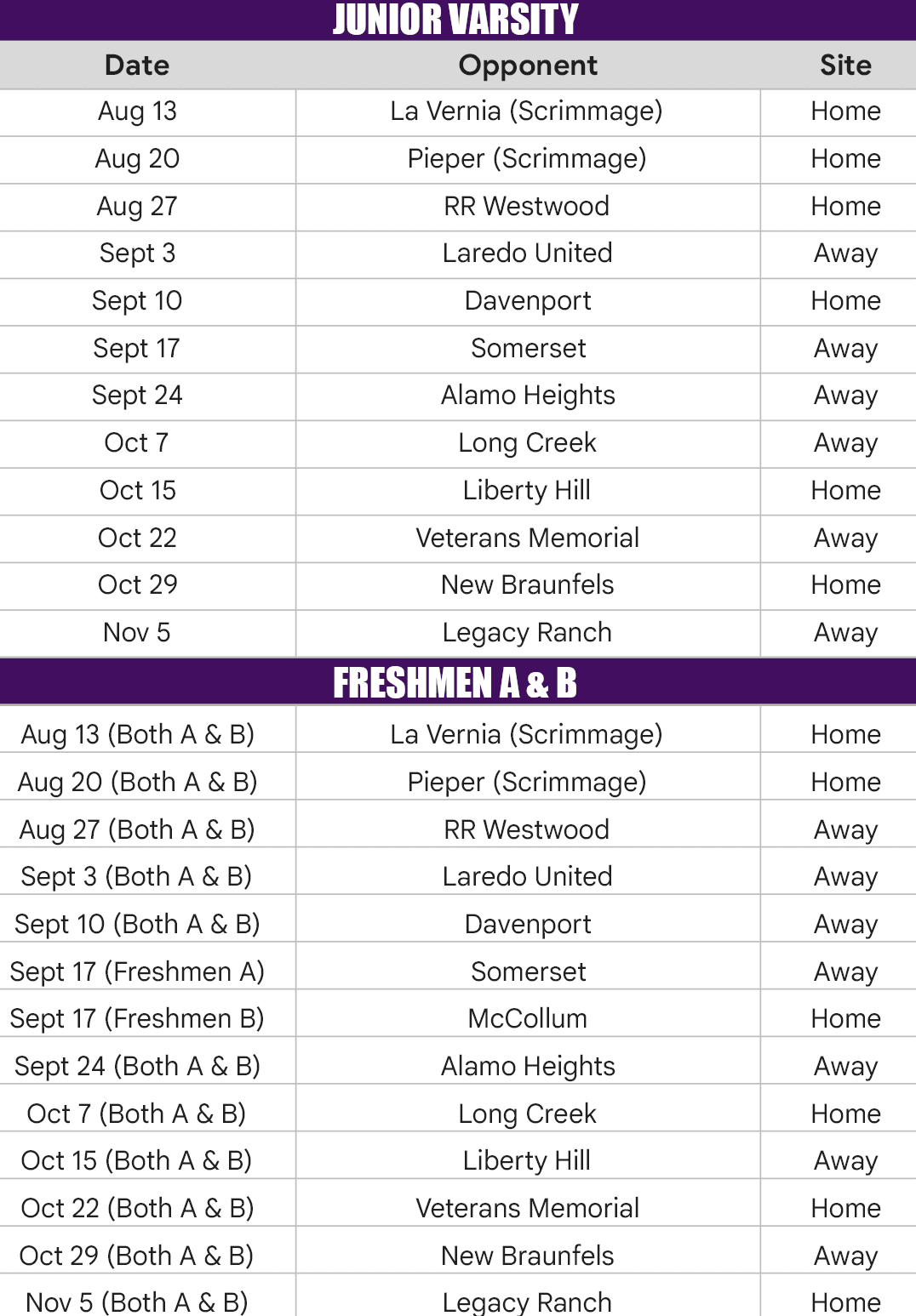 A schedule listing dates and opponents for a sports team’s scrimmage and regular games, including separate sections for freshmen A and B teams. Description generated by AI