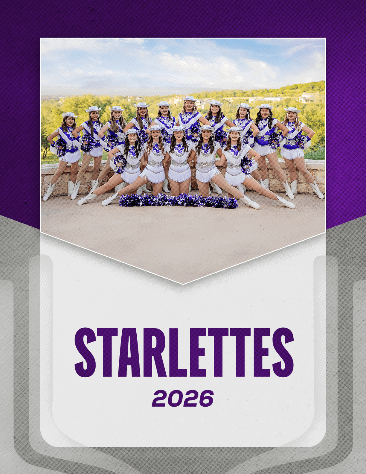 A group of people dressed in matching white and purple dance uniforms pose outdoors in two rows with pom-poms in front and the text “STARLETTES 2026" below them. Description generated by AI