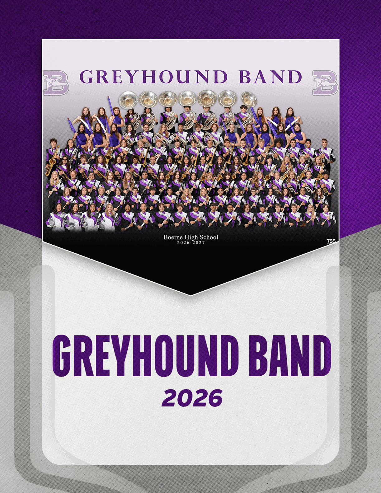 A large group of people dressed in purple and black band uniforms pose together in a formal group photo labeled Greyhound Band 2026 from Boone High School. Description generated by AI