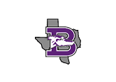 A purple letter B with a white and purple greyhound head overlaying a gray silhouette of the state of Texas. Description generated by AI