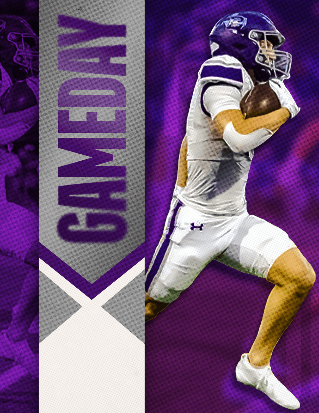 A person in a purple football uniform with the number 18 is running with a football against a purple background with the word GAMEDAY displayed vertically on the left side. Description generated by AI