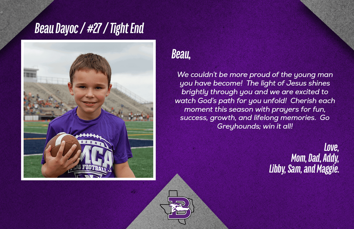 A child wearing a purple sports shirt is smiling and holding a football on a field with bleachers in the background, accompanied by a heartfelt message of pride and encouragement on a purple and gray textured background. Description generated by AI