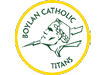 A green and yellow circular logo featuring a stylized profile of a person wearing a laurel wreath and a helmet with lightning bolts, surrounded by the text “Boylan Catholic Titans." Description generated by AI