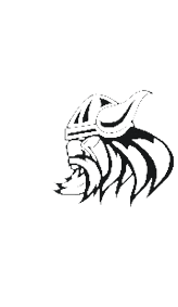 A stylized black and white illustration of a Viking head wearing a horned helmet with a flowing beard and hair. Description generated by AI