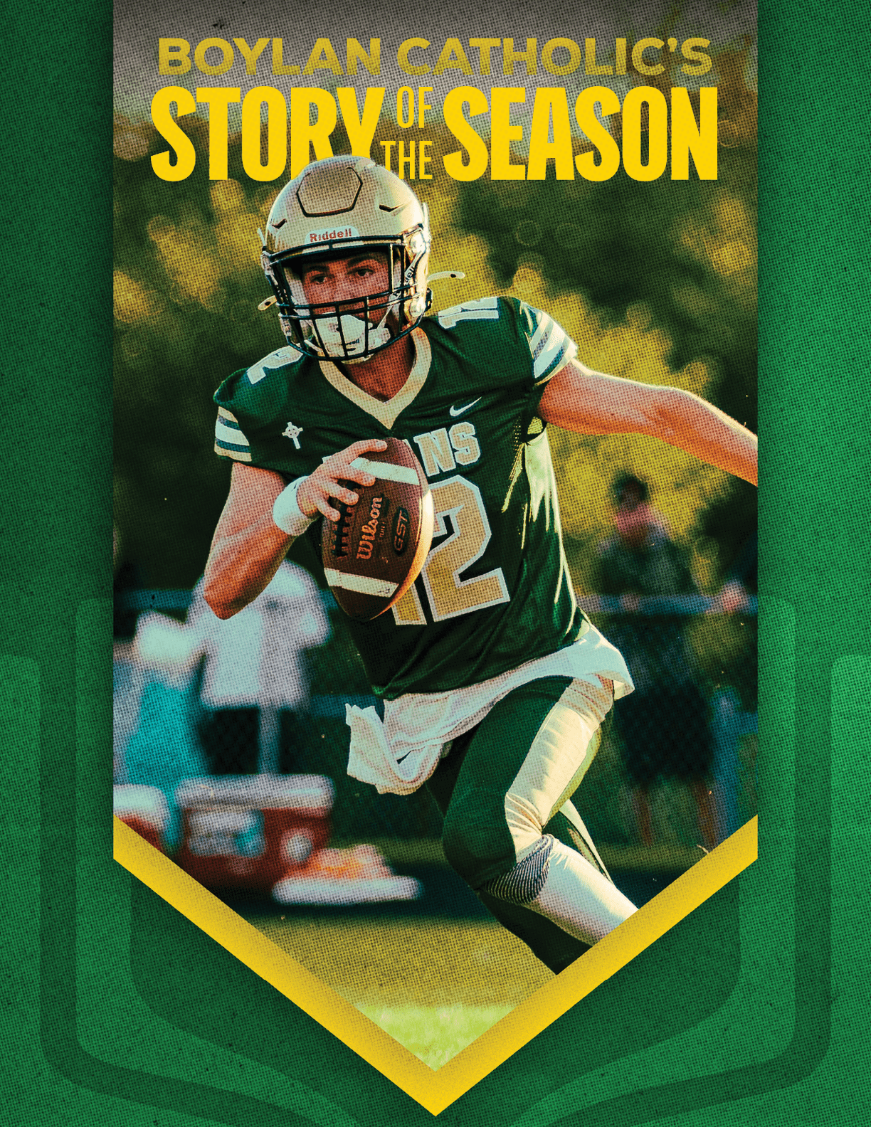 An adult in a green football uniform and helmet is running with a football on a field with blurred spectators in the background and bold yellow text above reading Boylan Catholic's Story of the Season. Description generated by AI
