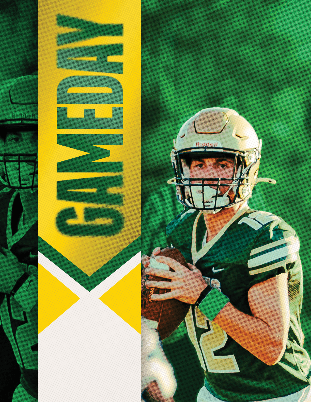 A person wearing a green football uniform and gold helmet is holding a football in a ready-to-throw position with a yellow and green vertical banner reading “GAMEDAY" beside them. Description generated by AI