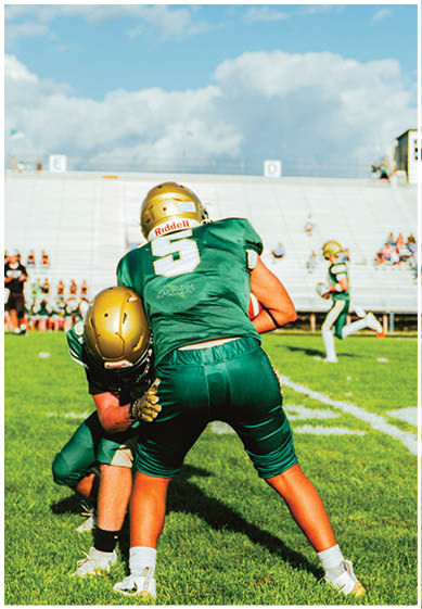 Two people in green football uniforms are engaged in a play on a grassy field with a mostly empty stadium and a partly cloudy sky in the background. Description generated by AI