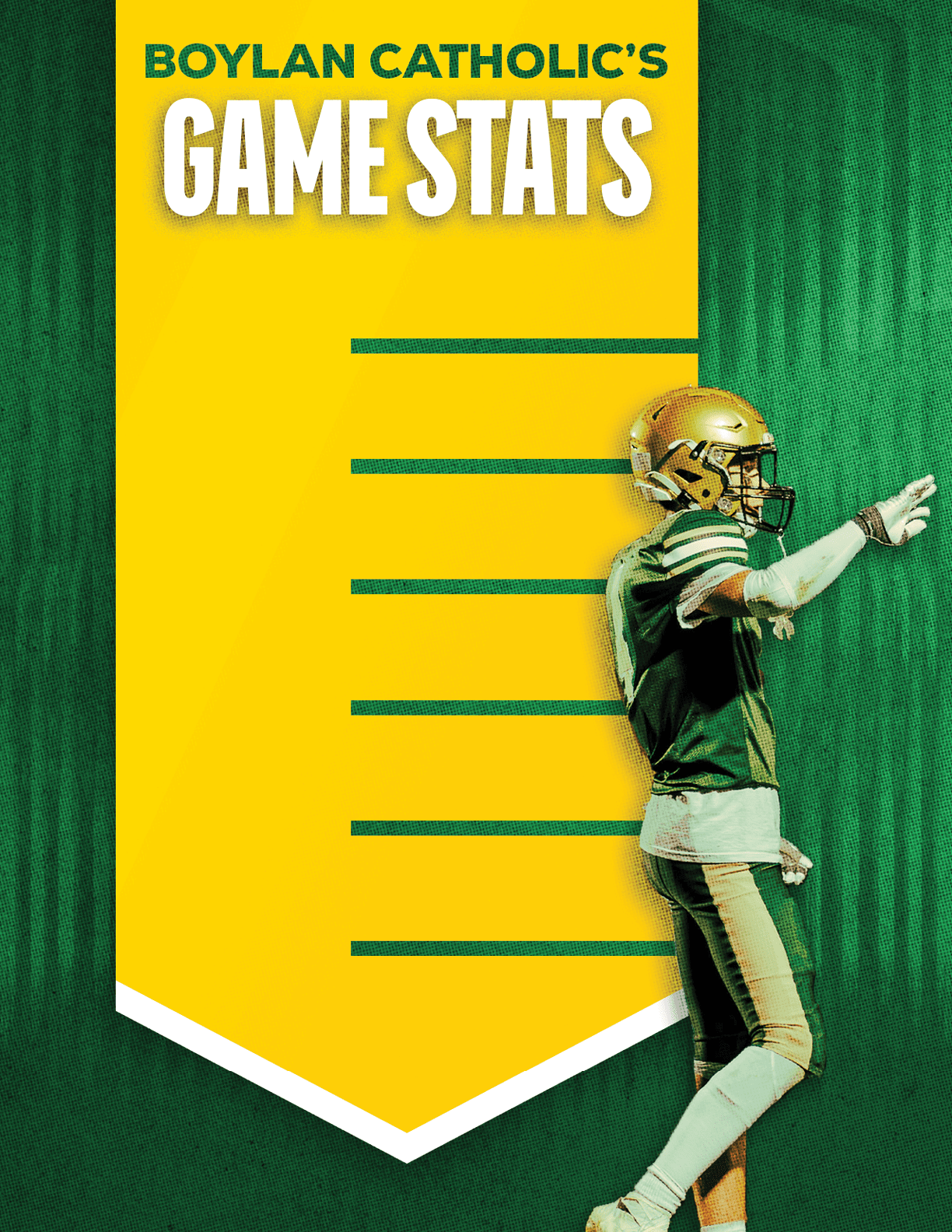 A person wearing a green and gold football uniform and helmet is pointing forward next to a yellow banner with green text that reads Boylan Catholic's Game Stats. Description generated by AI