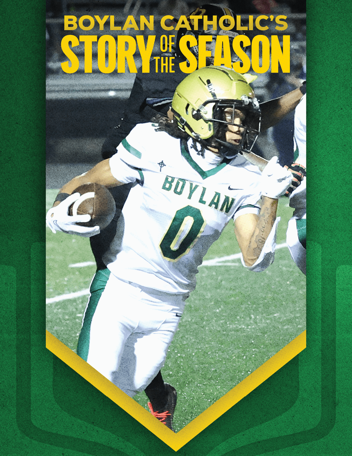 A person wearing a football uniform with the number zero and a helmet is running on a field while holding a football, with text above reading “Boylan Catholic's Story of the Season." Description generated by AI