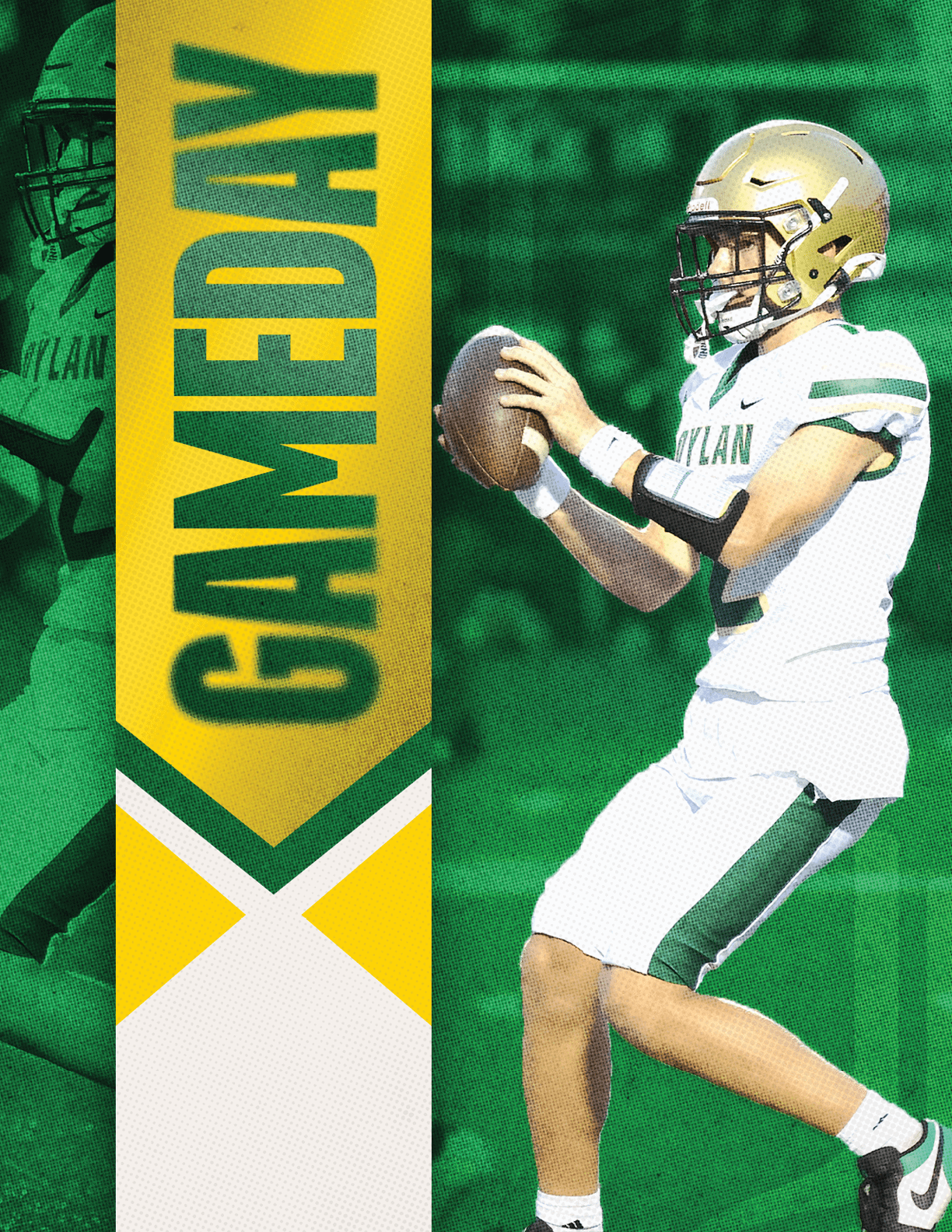 A person wearing a green football uniform and gold helmet is holding a football in a ready-to-throw position with a yellow and green vertical banner reading “GAMEDAY" beside them. Description generated by AI