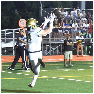 An adult in a green and white football uniform with a gold helmet is catching a football on a grassy field with empty bleachers and scattered spectators in the background. Description generated by AI