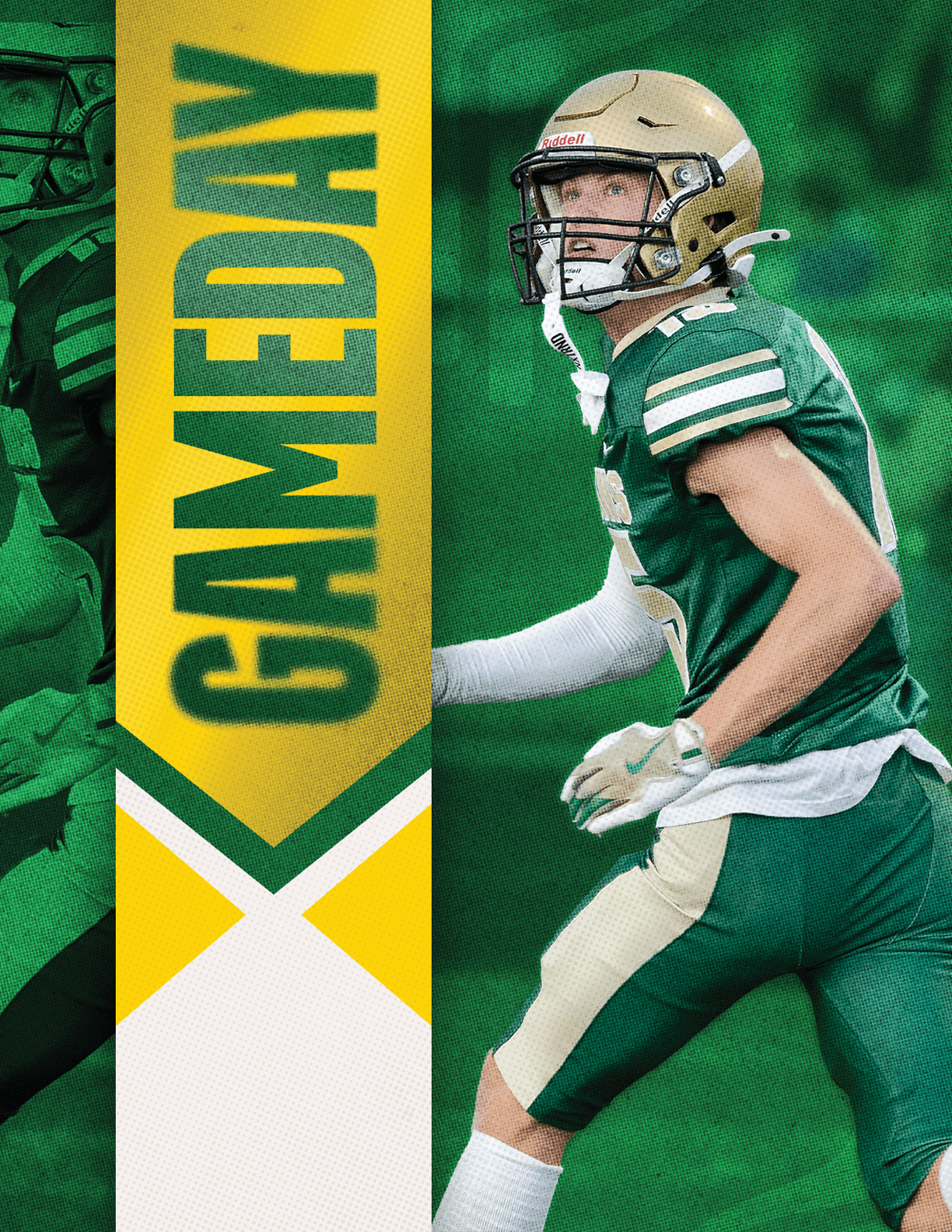 A person in a green and gold football uniform and helmet is running on a green field next to a vertical yellow banner with the word GAMEDAY in bold green letters. Description generated by AI
