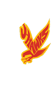 A stylized red hawk with outstretched wings forms the word “HAWKS" in bold letters outlined in yellow against a black background. Description generated by AI