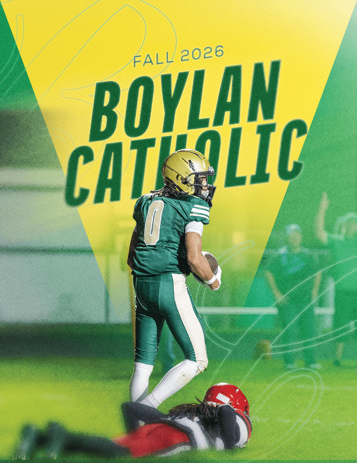 A person in green and white football gear with a gold helmet is running with a football while another person in red and black gear lies on the ground beneath them with a background text reading “Fall 2026 Boylan Catholic." Description generated by AI