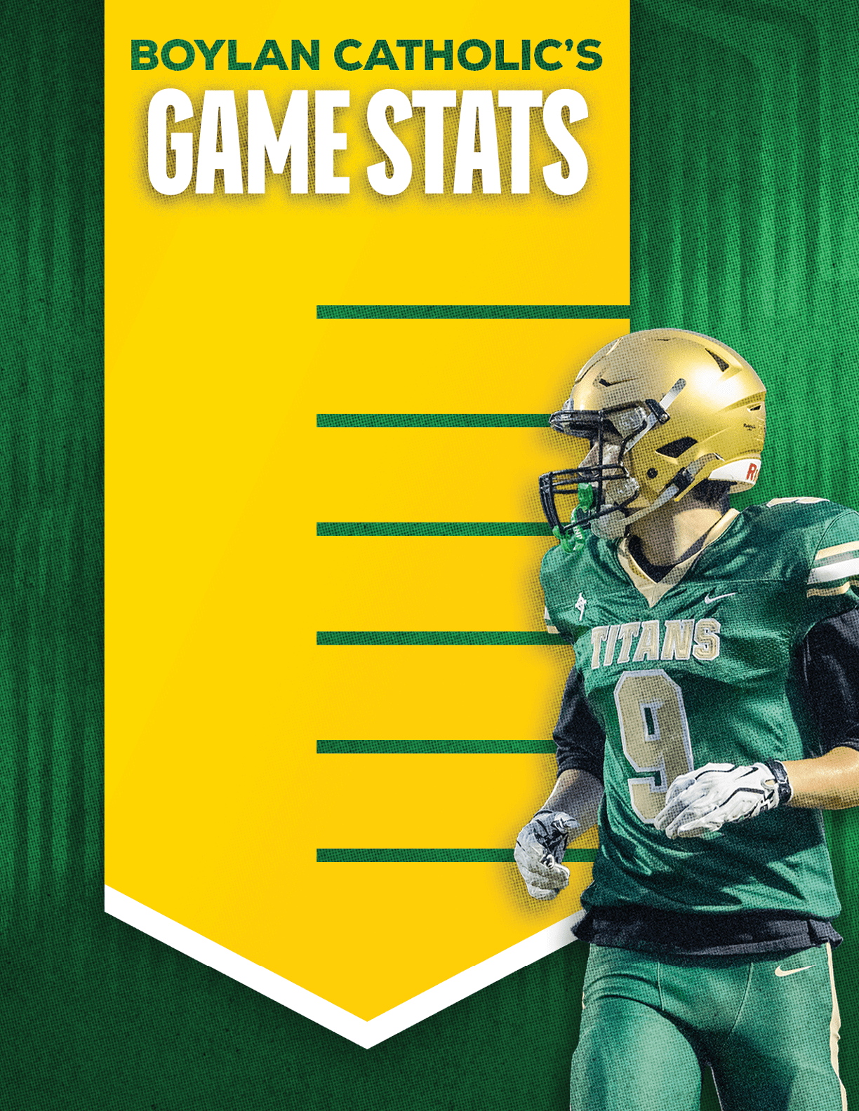 A person wearing a green football uniform and gold helmet stands next to a yellow banner with green text that reads Boylan Catholic's Game Stats. Description generated by AI