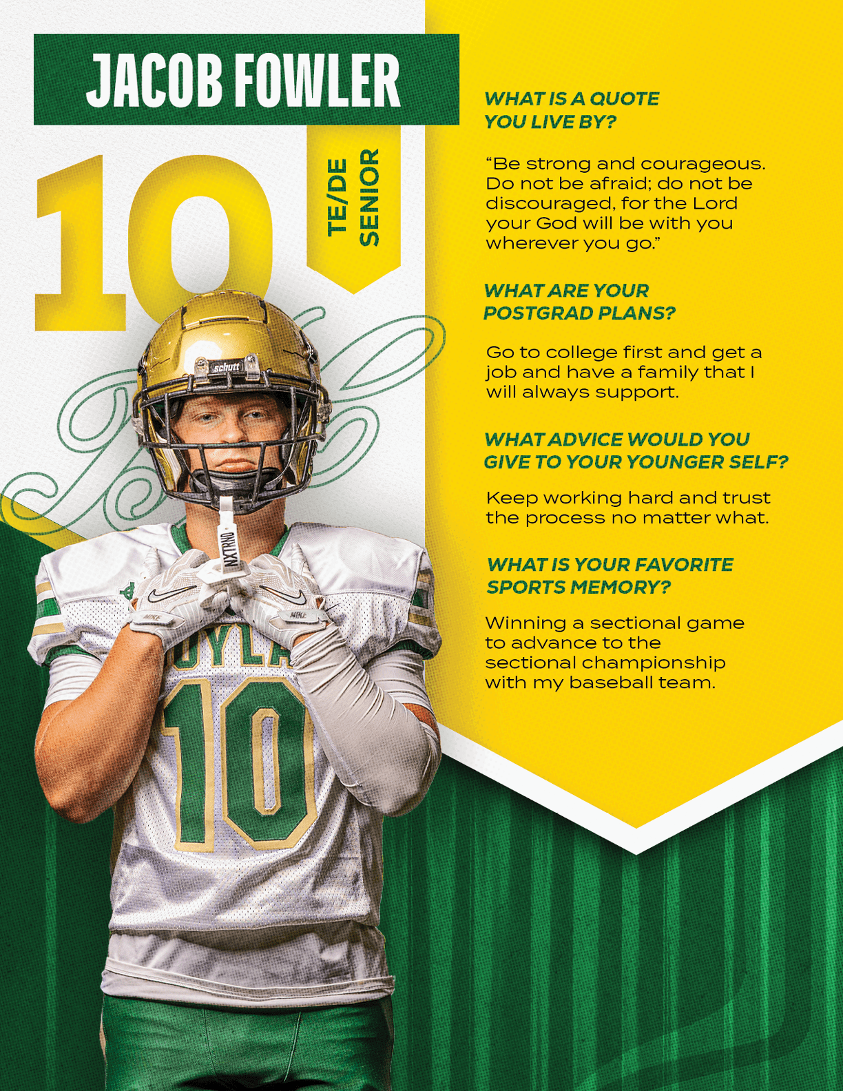 A person wearing a football uniform with the number 10 and a gold helmet stands with hands clasped near the face, alongside text about Jacob Fowler's senior year, quotes, postgrad plans, advice, and favorite sports memory. Description generated by AI