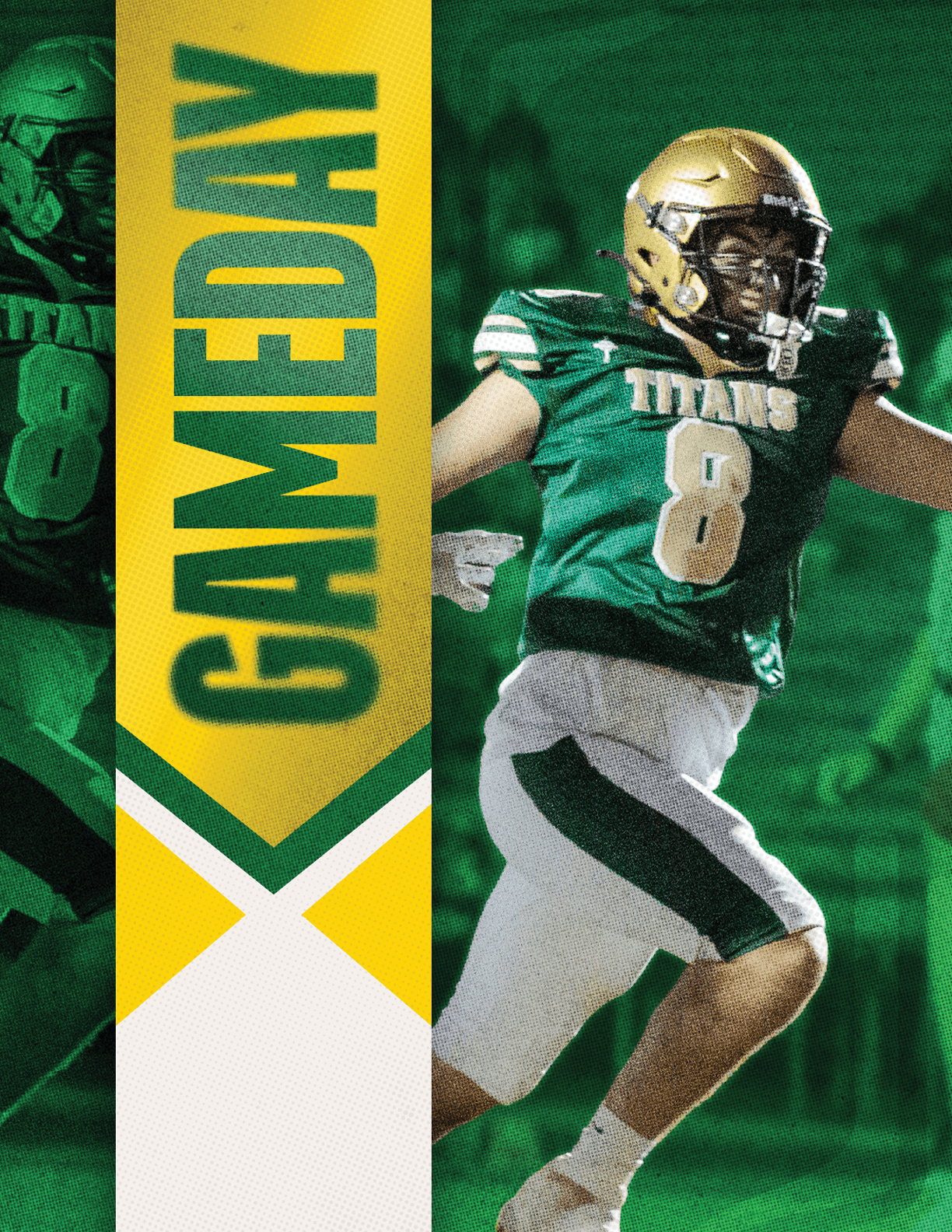 A person wearing a green football uniform with the number 8 and a gold helmet is running on a field with a yellow vertical banner next to them that reads GAMEDAY. Description generated by AI
