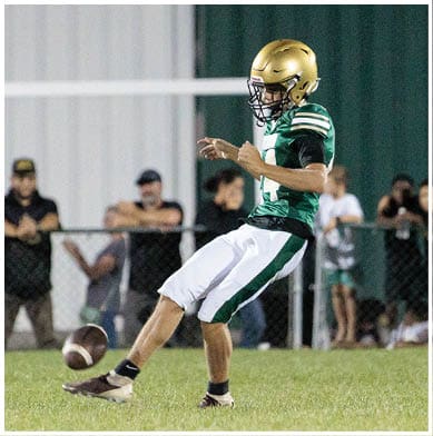 A person wearing a green and white football uniform with a gold helmet is kicking a football on a grassy field with spectators in the background. Description generated by AI