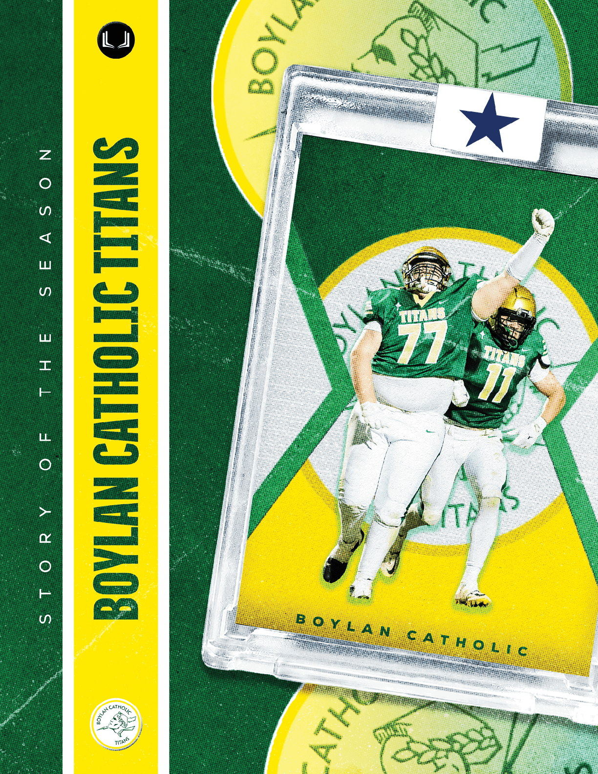 Two people in green football uniforms celebrating on a sports card with a green and yellow background and the text Boylan Catholic Titans. Description generated by AI