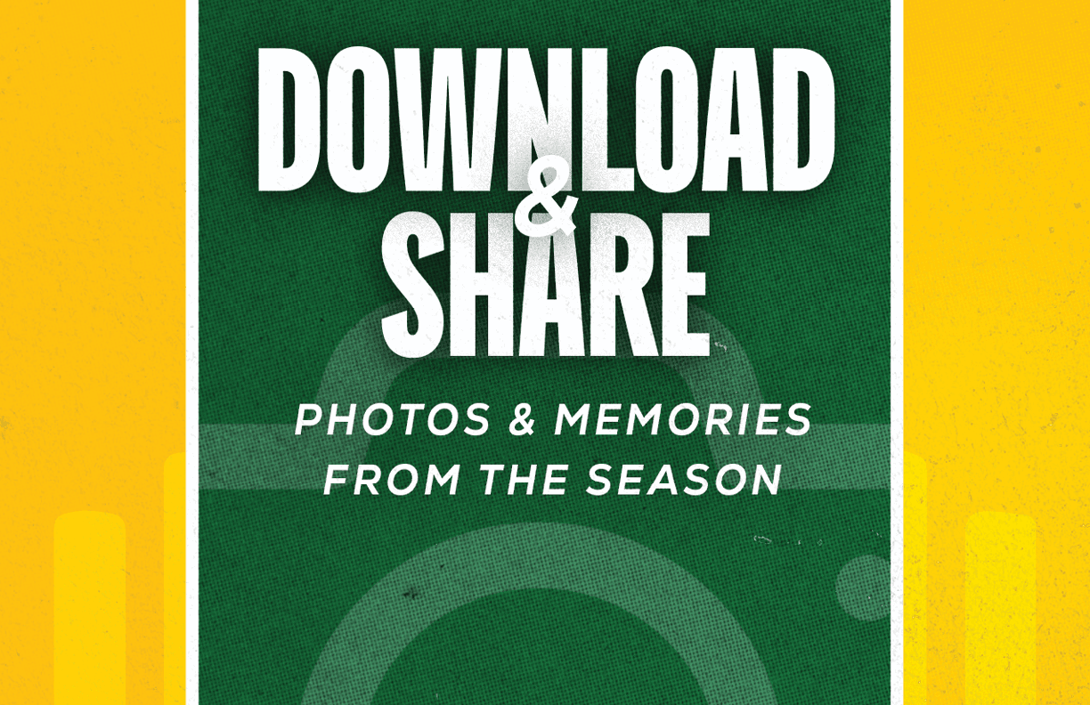 A green and yellow graphic with bold white text encouraging viewers to download and share photos and memories from the season. Description generated by AI