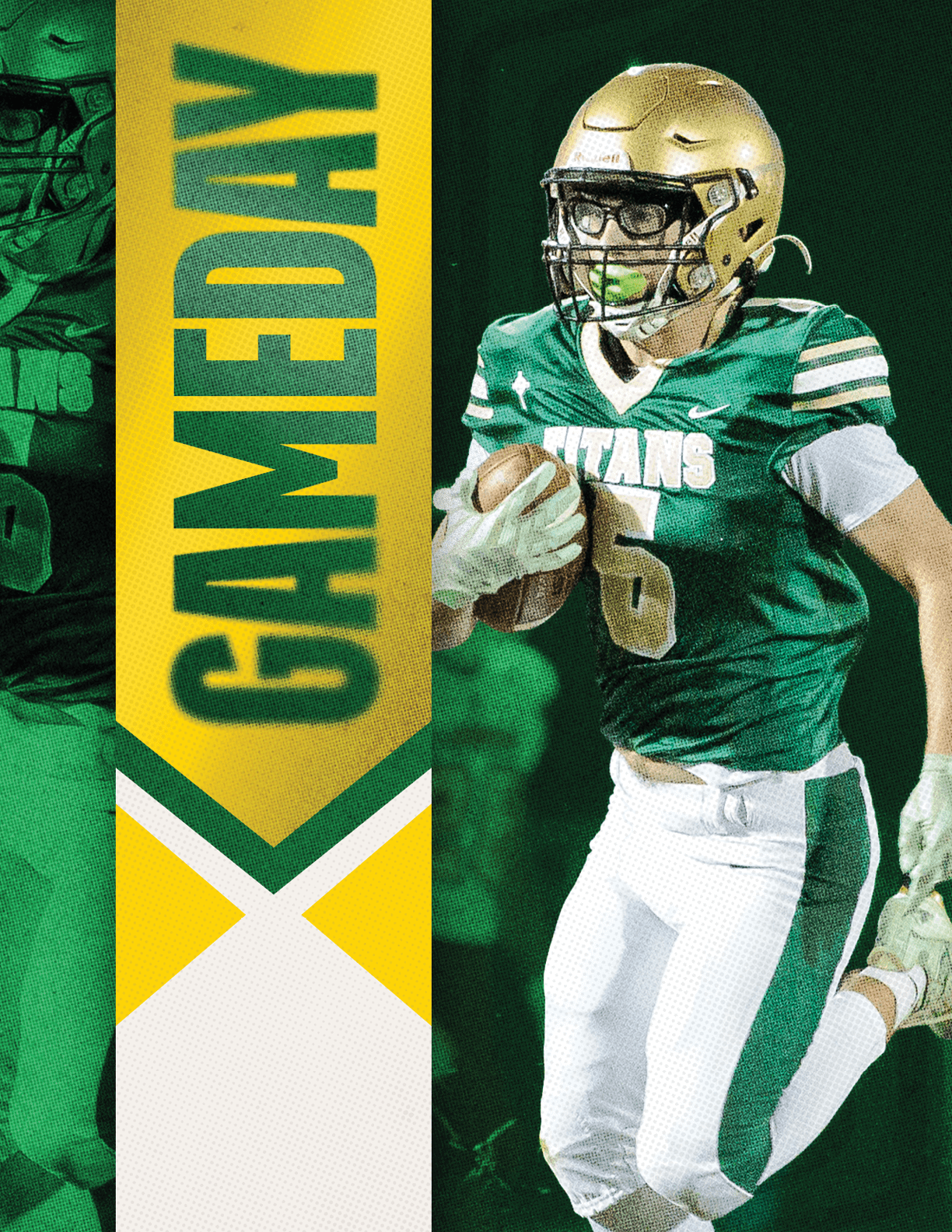 A person wearing a green and white football uniform with a gold helmet is running while holding a football, with a yellow vertical banner next to them that reads “GAMEDAY." Description generated by AI
