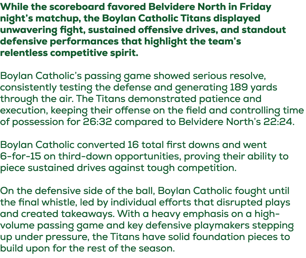 While the scoreboard favored Belvidere North in Friday night’s matchup, the Boylan Catholic Titans displayed unwaveri...