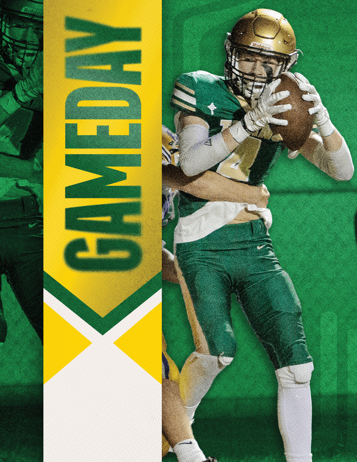 A person in a green and gold football uniform is holding a football and preparing to throw it while another player attempts to tackle them, with a yellow vertical banner reading GAMEDAY on the left side. Description generated by AI