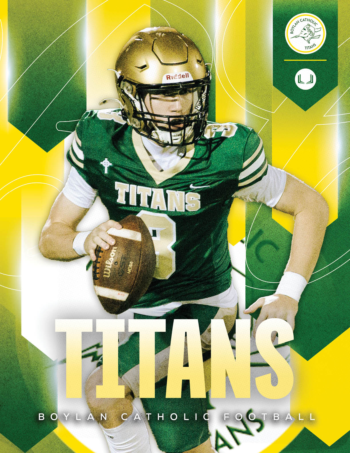 A person wearing a green and gold football uniform with the word TITANS on the jersey is holding a football and appears to be in motion against a yellow and green background with the text BOYLAN CATHOLIC FOOTBALL. Description generated by AI