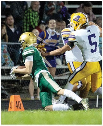 A person wearing a yellow helmet and white jersey with the number 5 is running on a football field while another person in green is falling, with cheerleaders in purple and yellow uniforms watching from the sidelines. Description generated by AI