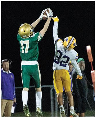 A person wearing a yellow and purple football uniform with the number 32 is jumping with one arm raised while another person in a green uniform stands nearby during a nighttime football game. Description generated by AI