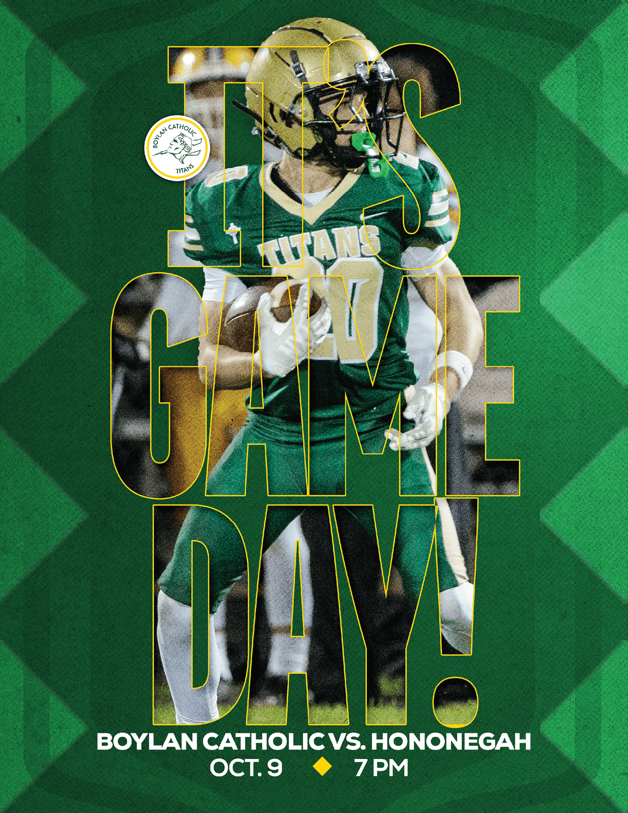 A football player in green and yellow uniform is drinking from a bottle with large text overlay reading “It's Game Day!" and details about a game between Boylan Catholic and Hononegah on October 9 at 7 PM. Description generated by AI