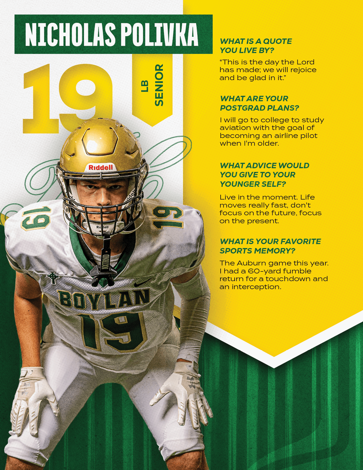 A person in a football uniform with the number 19 and the name Boylan is crouched in a ready stance with text beside them detailing their name, class year, and answers to questions about quotes, postgrad plans, advice, and favorite sports memory. Description generated by AI