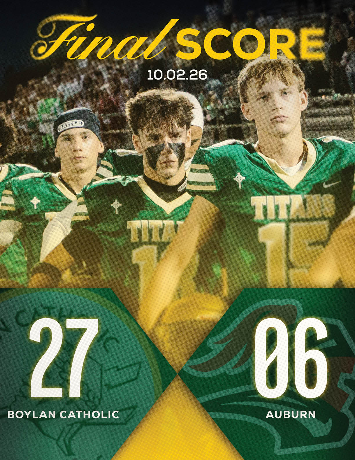Three athletes in green football uniforms stand in a stadium with a final score graphic showing Boylan Catholic defeating Auburn. Description generated by AI