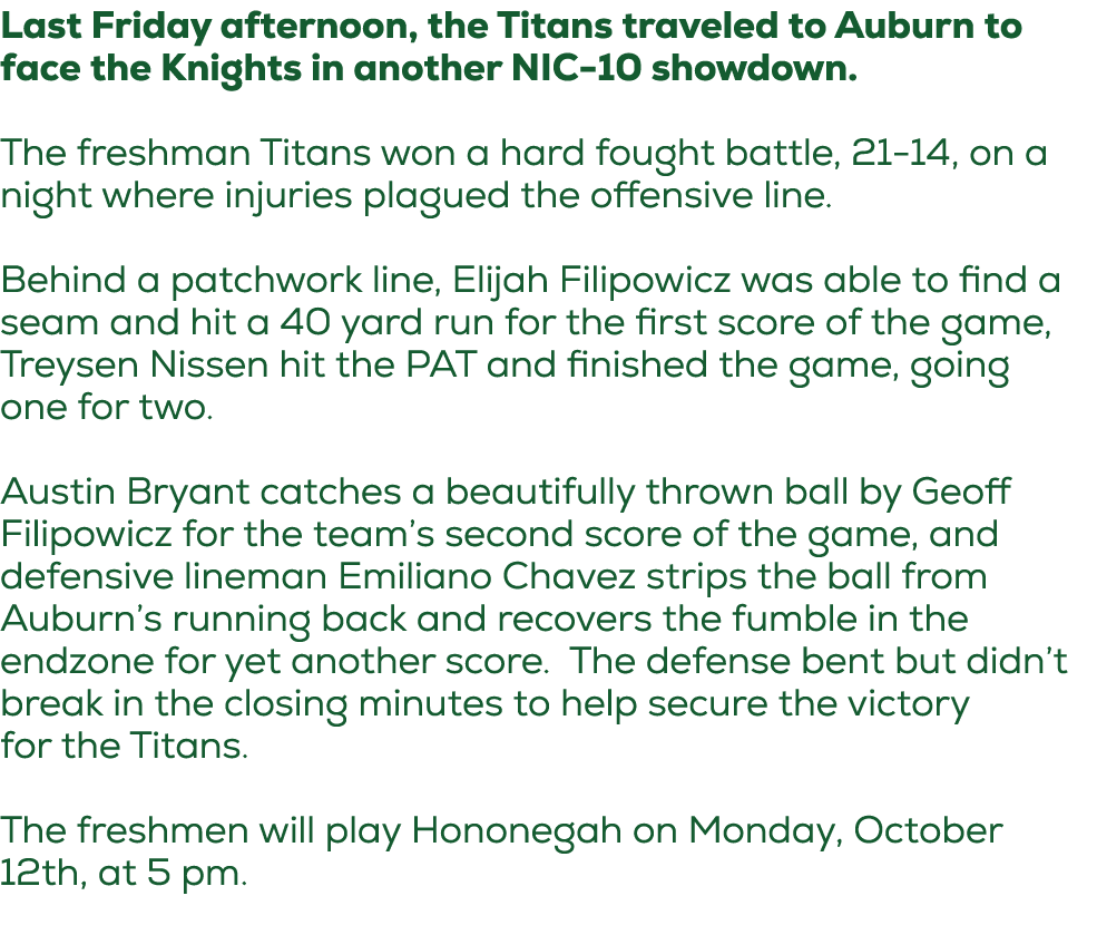 Last Friday afternoon, the Titans traveled to Auburn to face the Knights in another NIC 10 showdown. The freshman Tit...