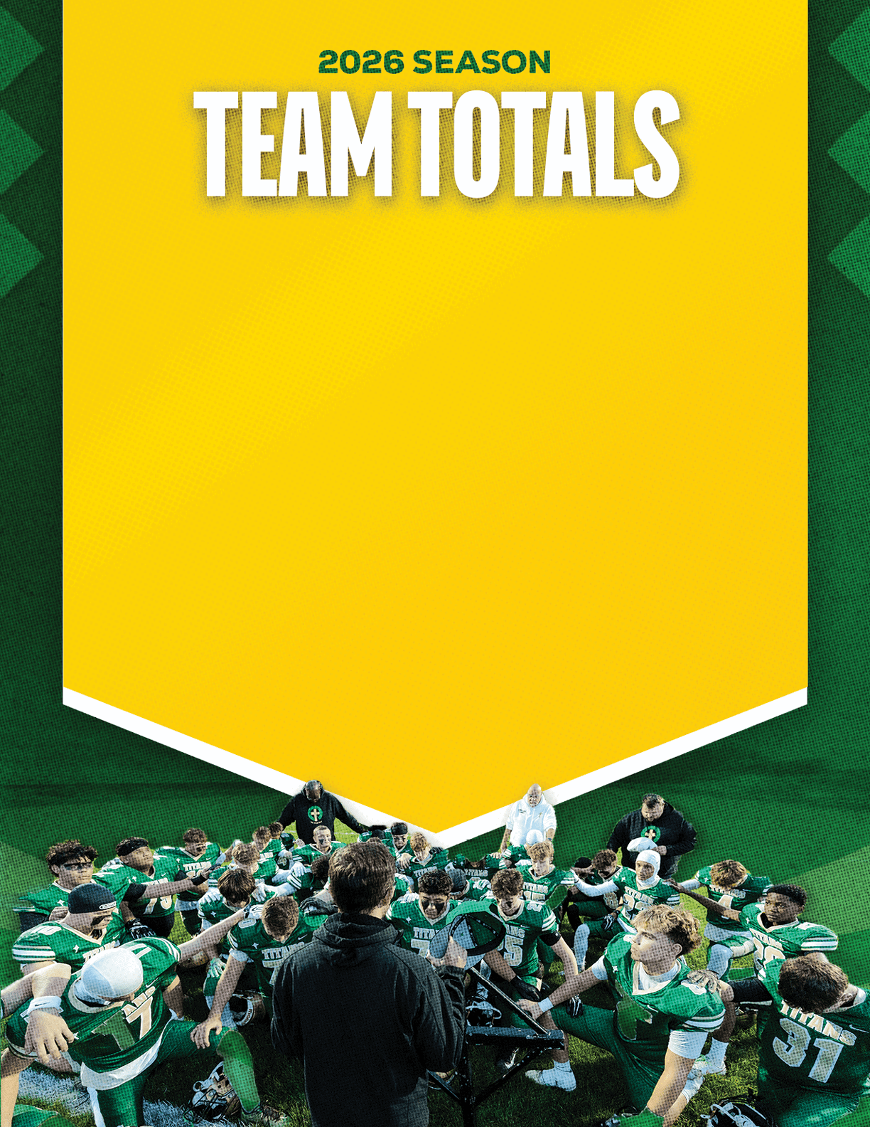 A sports team wearing green uniforms is gathered in a huddle on a field with a coach or leader standing in the center under a yellow banner that reads 2026 season team totals. Description generated by AI