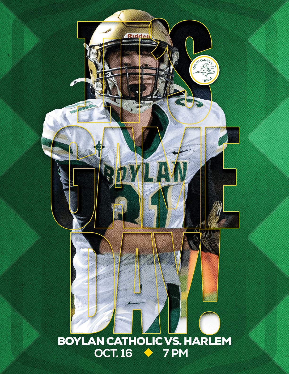 A person in a football uniform and helmet stands with arms crossed against a green background with large text reading “It's Game Day" and details about a football game between Boylan Catholic and Harlem. Description generated by AI