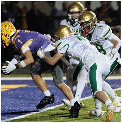 A person in a purple and yellow football uniform is holding a football while being tackled by a person in a white and green football uniform on a field. Description generated by AI
