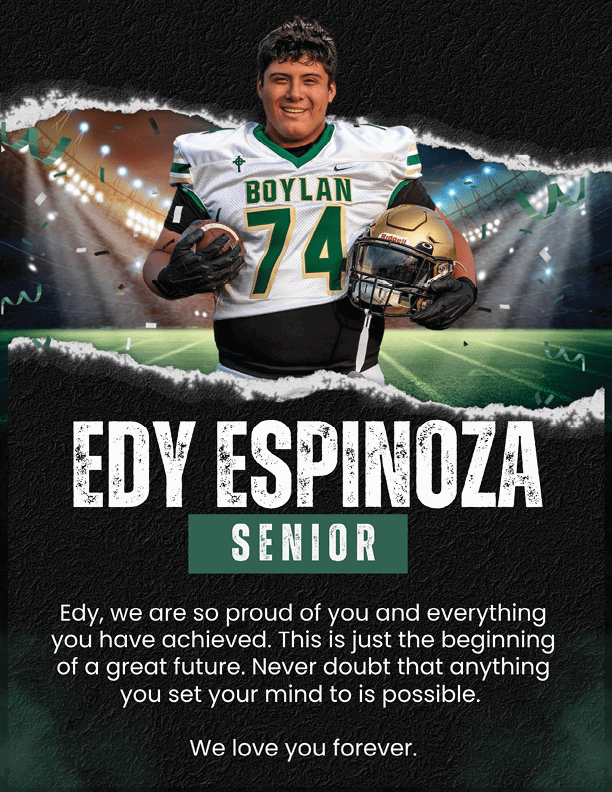 A person wearing a football uniform with the number 74 and holding a helmet and football stands smiling in front of a stadium background with text expressing pride and encouragement for a senior named Edy Espinoza. Description generated by AI