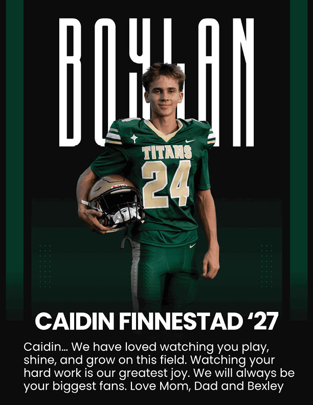 A person in a green football uniform holding a helmet stands in front of a dark background with the word “BOYLAN" above and a message expressing love and pride from family below. Description generated by AI
