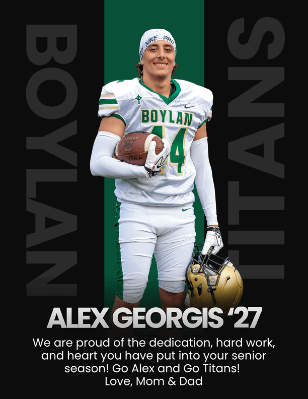 A person in a white football uniform with “Boylan" on the jersey holds a football and a helmet while smiling, with text expressing pride and encouragement from parents for their senior season. Description generated by AI
