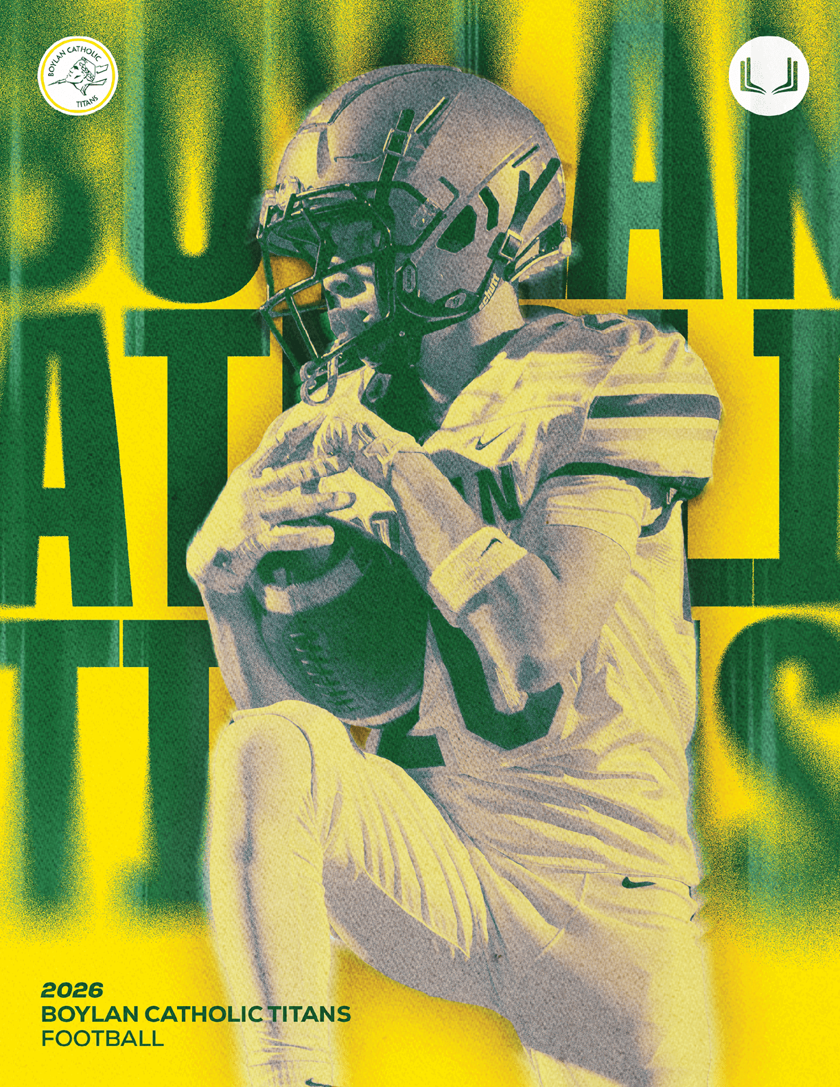 A person wearing a football uniform and helmet is holding a football in a crouched position with a yellow and green background featuring large text and logos. Description generated by AI
