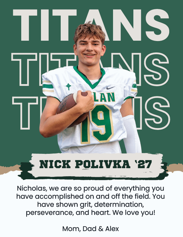 A person wearing a football uniform with the number 19 is holding a football and smiling in front of a green background with the word TITANS and a message expressing pride and love from family members. Description generated by AI
