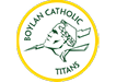 A green and yellow circular logo featuring a stylized profile of a person wearing a laurel wreath and a helmet with lightning bolts, surrounded by the text “Boylan Catholic Titans." Description generated by AI