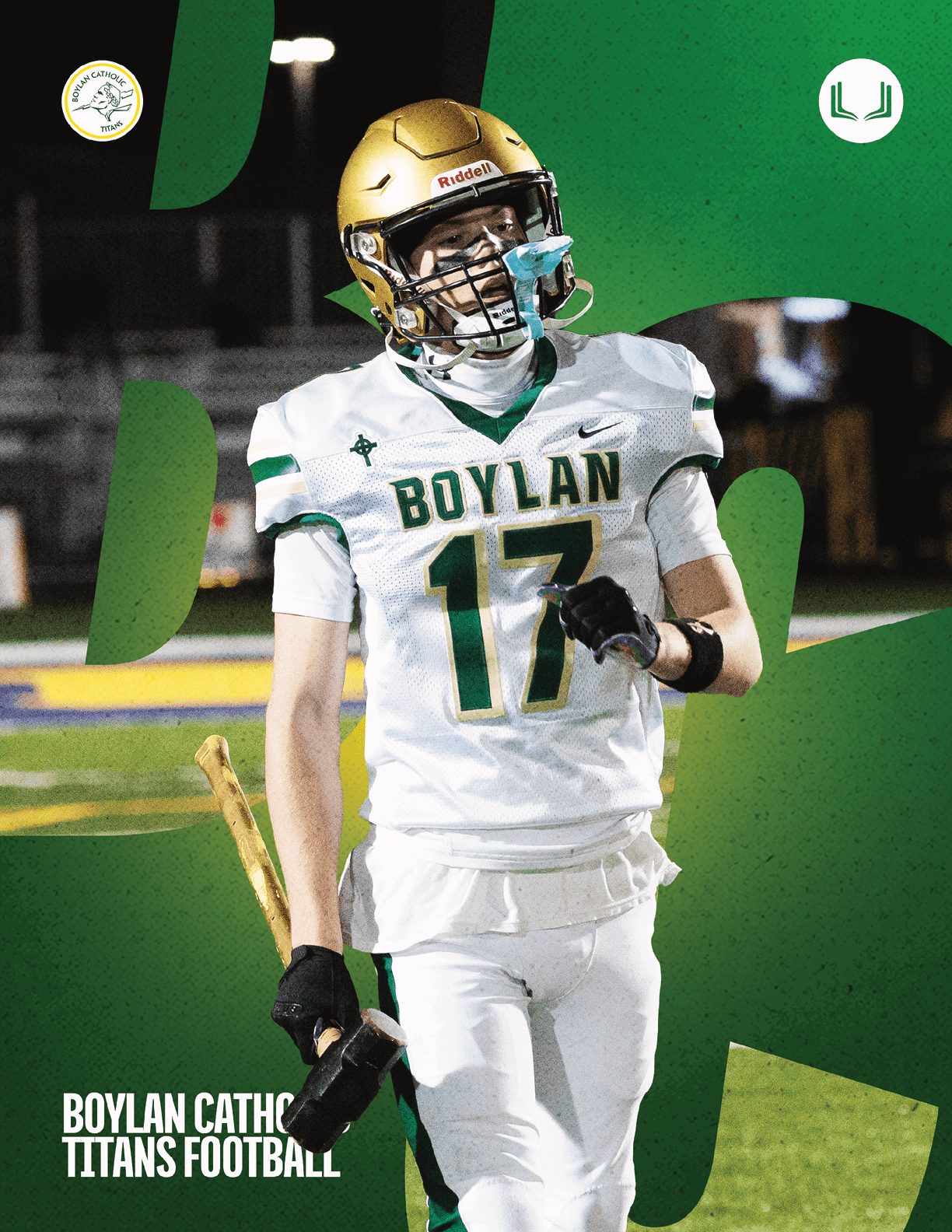 A person wearing a gold football helmet and white Boylan Titans football uniform with the number 17 is standing on a field holding a football. Description generated by AI