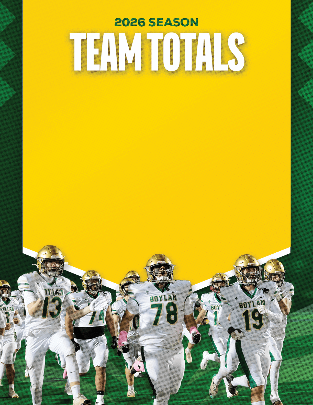 A group of people in white and green football uniforms with gold helmets are running forward on a green field under a yellow banner that reads 2026 Season Team Totals. Description generated by AI