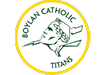 A green and yellow circular logo featuring a stylized profile of a person wearing a laurel wreath and a helmet with lightning bolts, surrounded by the text “Boylan Catholic Titans." Description generated by AI